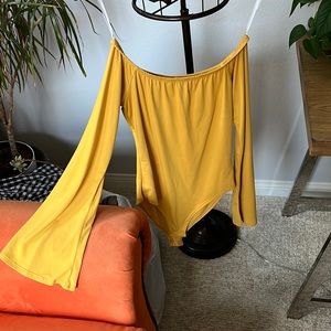 Mustard yellow flared sleeve, off the shoulder body suit